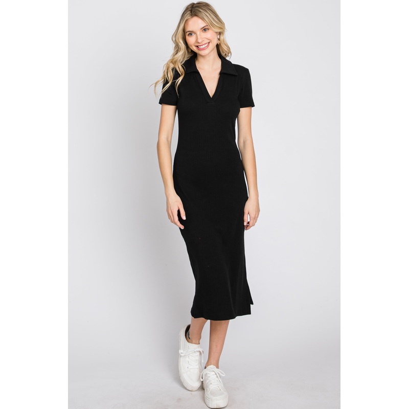 Black Collared Ribbed Midi Dress