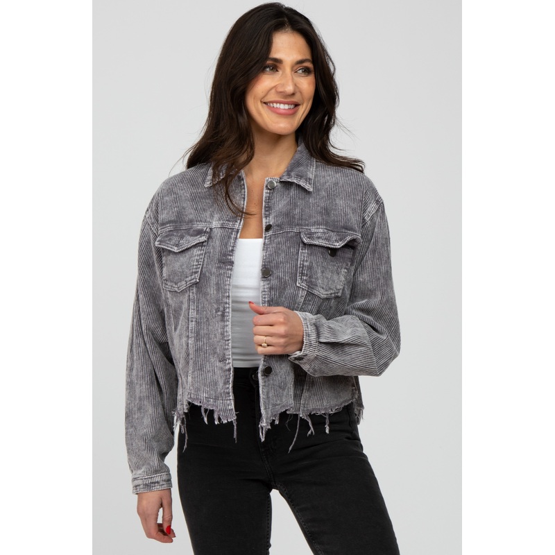 Charcoal Corduroy Distressed Hem Cropped Jacket