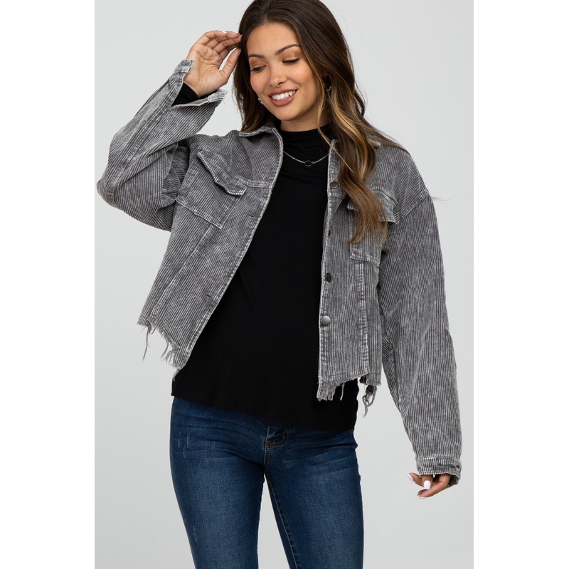 Charcoal Corduroy Distressed Hem Cropped Maternity Jacket