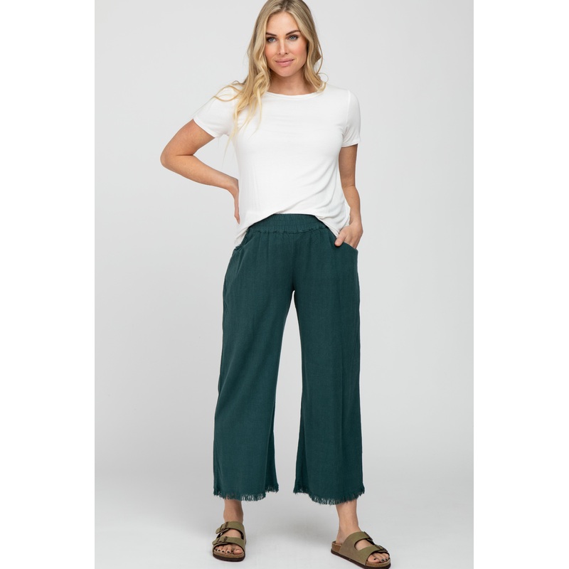 Teal Linen Frayed Hem Crop Maternity Pants
