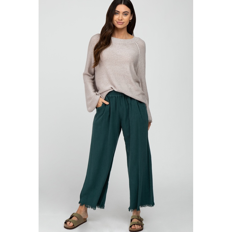 Teal Linen Frayed Hem Crop Pants