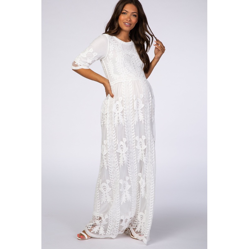 White Crochet Overlay Maternity Maxi Dress