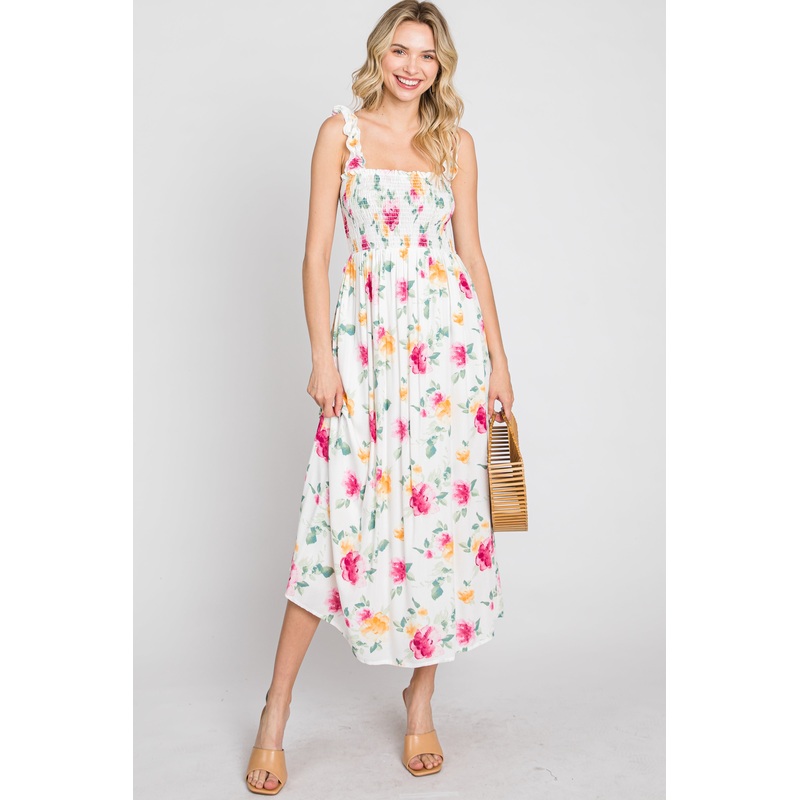 White Floral Smocked Maxi Dress