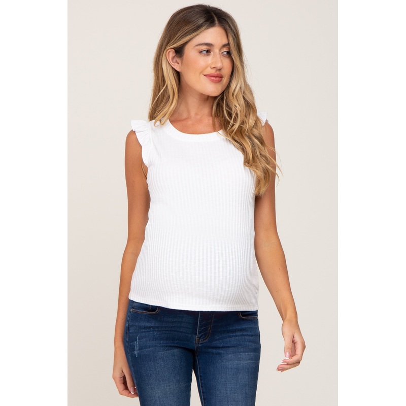 White Ribbed Ruffle Shoulder Maternity Tank Top