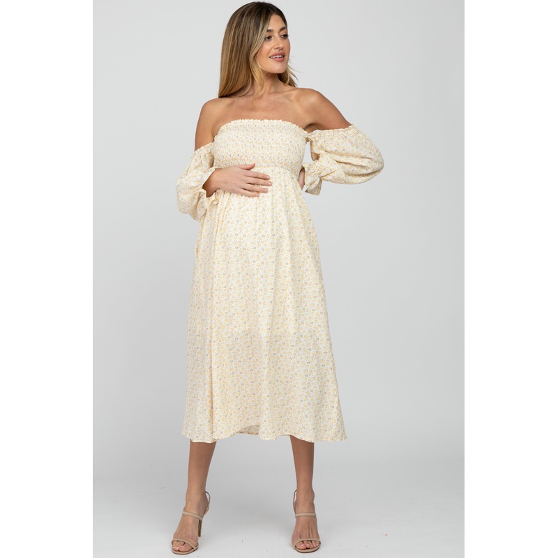 Yellow Ditsy Floral Smocked Off Shoulder Maternity Dress