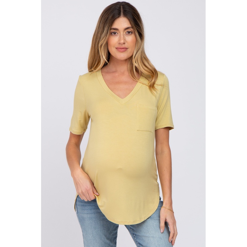 Yellow Pocket Front Curved Hem Maternity Top