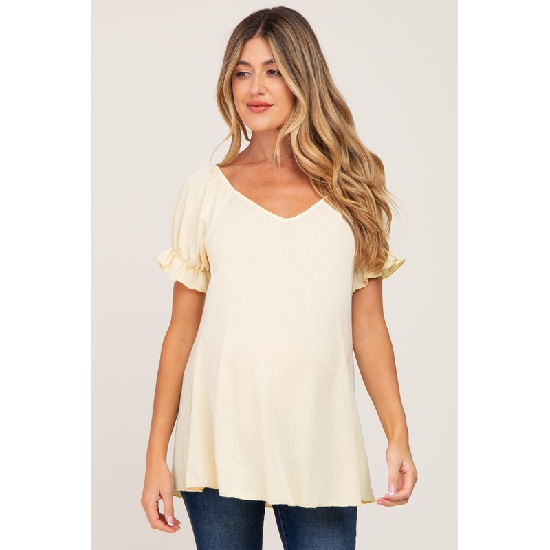 Yellow Ruffle Sleeve Ribbed Maternity Top