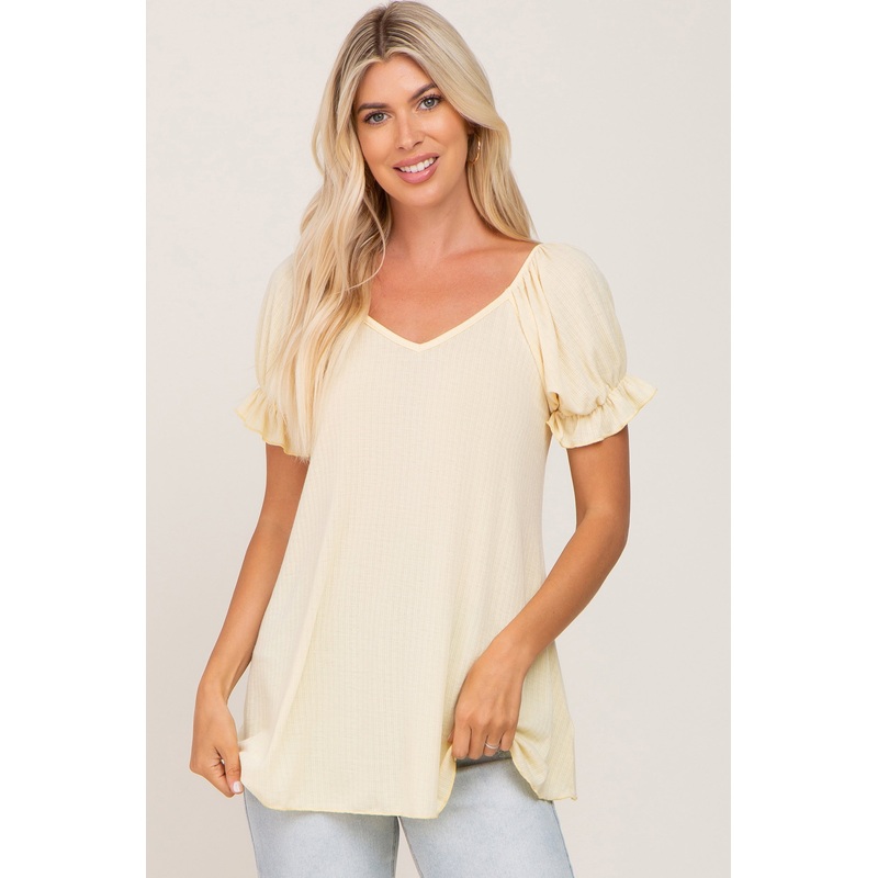 Yellow Ruffle Sleeve Ribbed Top