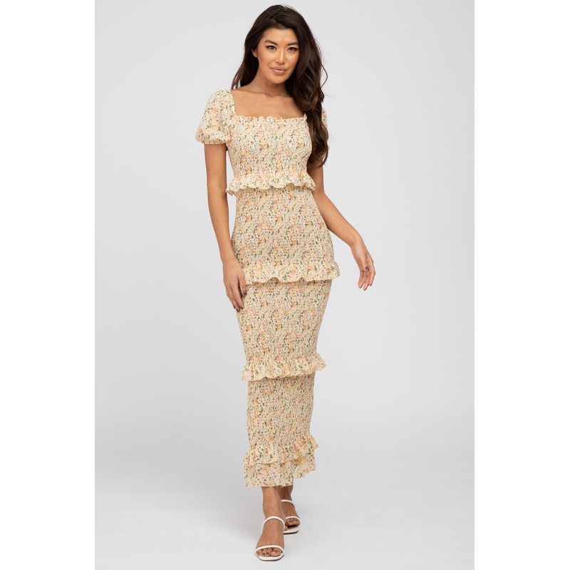 Yellow Smocked Ruffle Accent Midi Dress