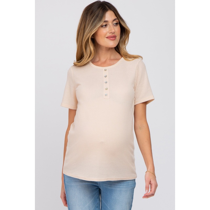 Beige Button Front Waffle Knit Short Sleeve Maternity Top