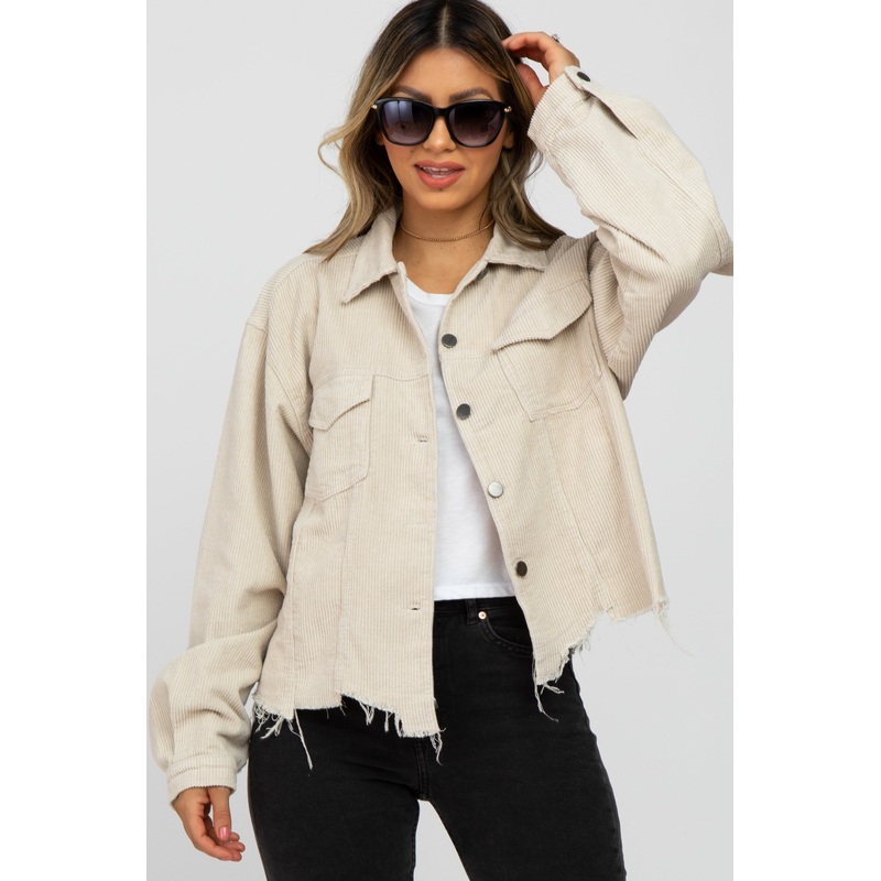 Beige Corduroy Distressed Hem Cropped Jacket
