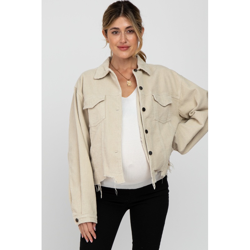 Beige Corduroy Distressed Hem Cropped Maternity Jacket