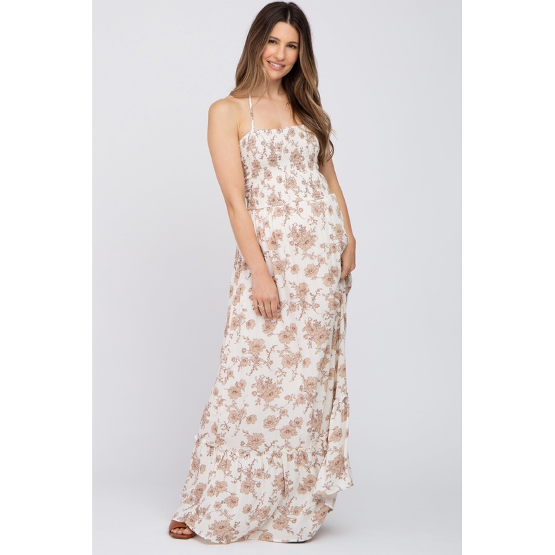 Beige Floral Smocked Halter Back Cutout Maternity Maxi Dress