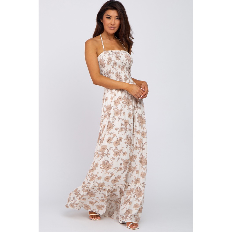 Beige Floral Smocked Halter Back Cutout Maxi Dress