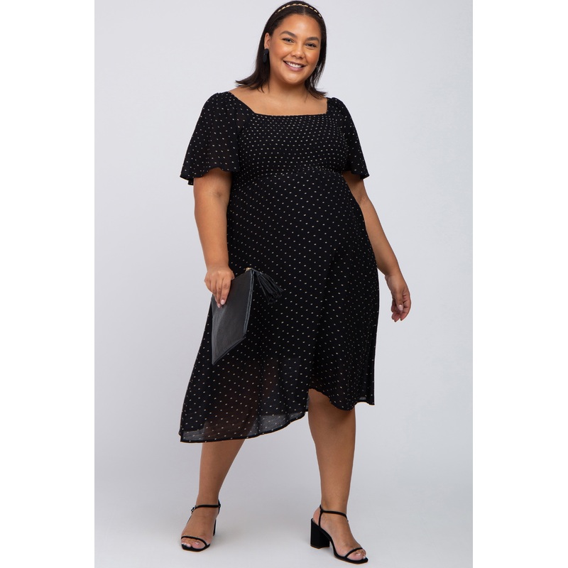 Black Embroidered Dot Smocked Square Neck Maternity Plus Midi Dress