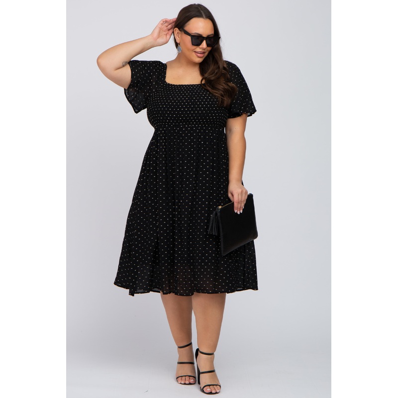 Black Embroidered Dot Smocked Square Neck Plus Midi Dress