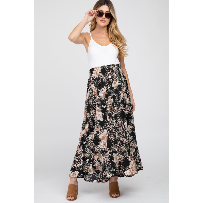Black Floral Button-Down Front Slit Maternity Maxi Skirt