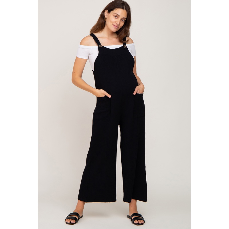 Black Gauze Wide Leg Button Front Maternity Overalls