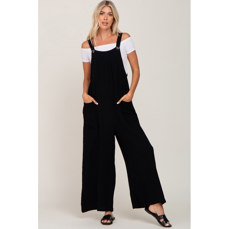 Black Gauze Wide Leg Button Front Overalls