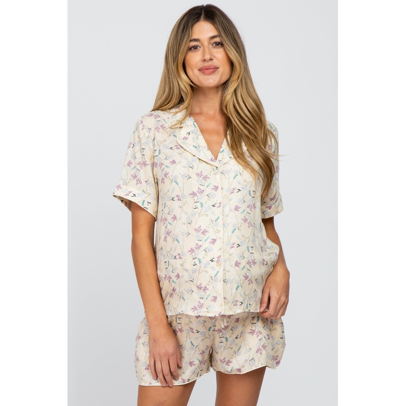 Cream Floral Maternity Short Pajama Set
