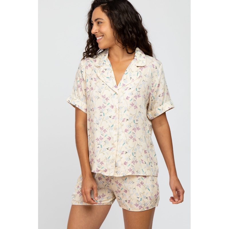 Cream Floral Short Pajama Set