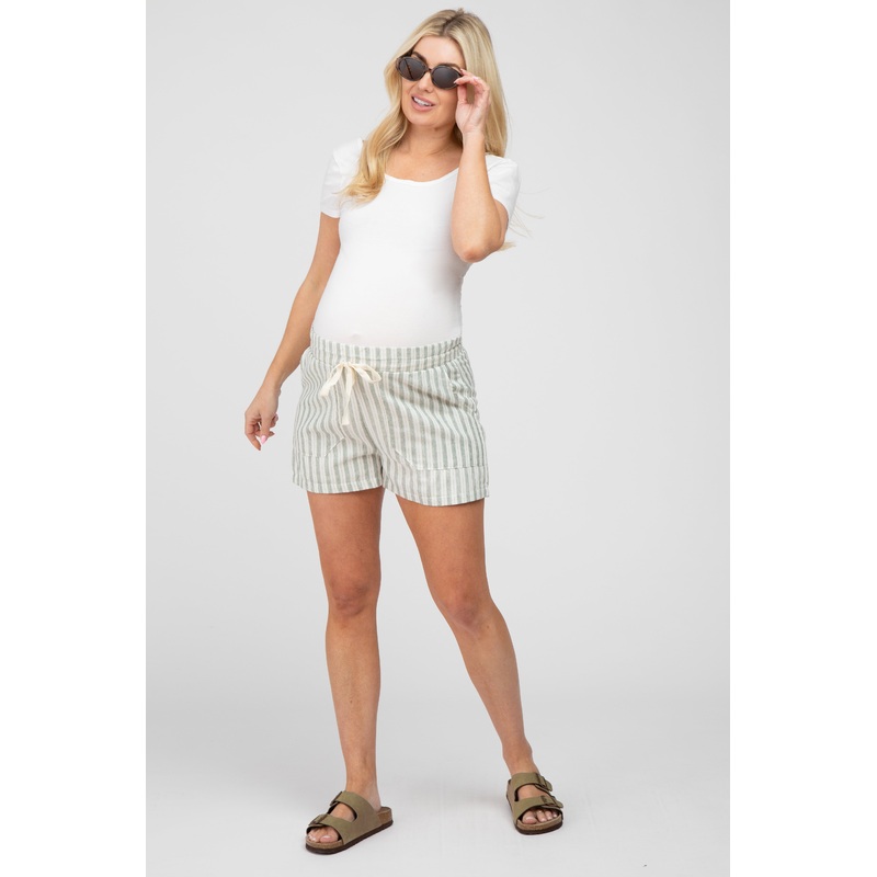 Light Olive Striped Drawstring Maternity Shorts