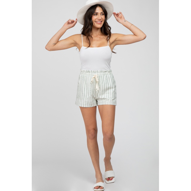 Light Olive Striped Drawstring Shorts