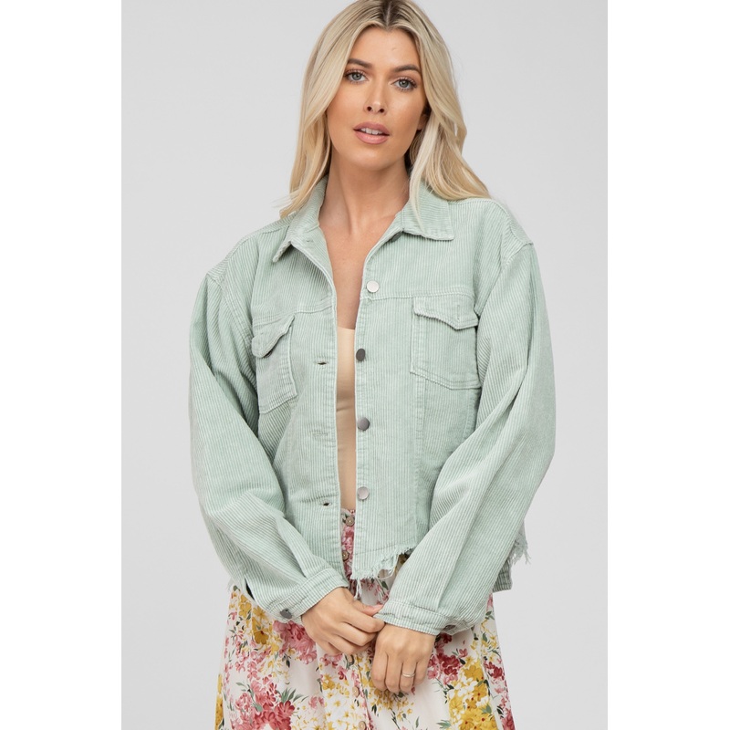 Mint Corduroy Distressed Hem Cropped Jacket