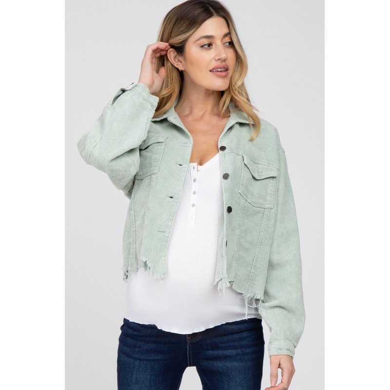 Mint Corduroy Distressed Hem Cropped Maternity Jacket