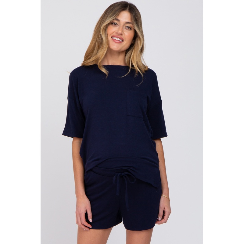 Navy Pocket Front Maternity Pajama Short Set