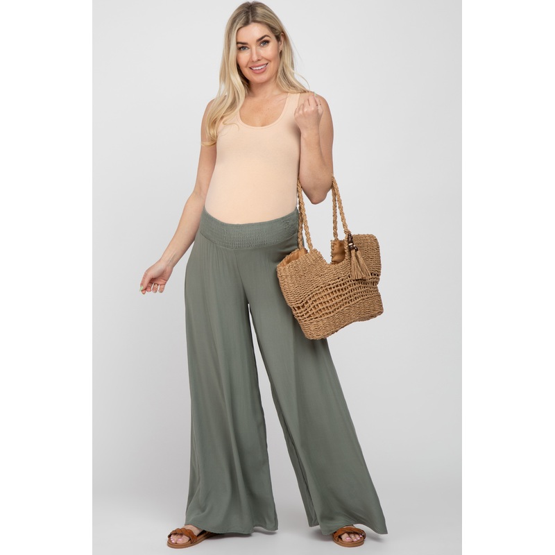 Olive Smocked Waist Wide Leg Maternity Pants