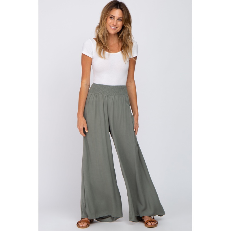 Olive Smocked Waist Wide Leg Pants