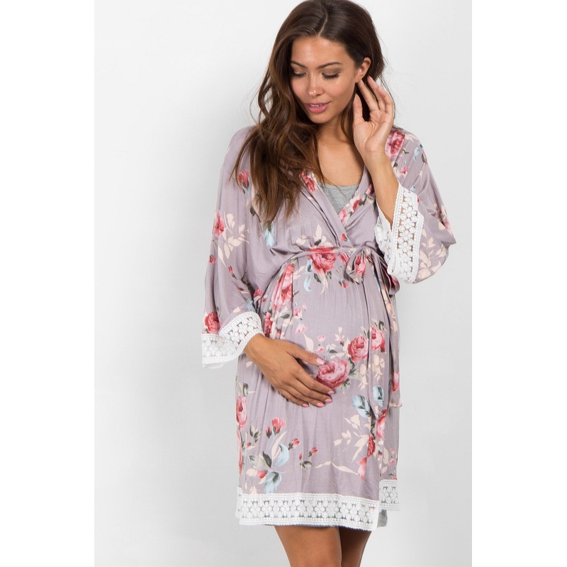 PinkBlush Grey Rose Floral Lace Trim Delivery/Nursing Maternity Robe