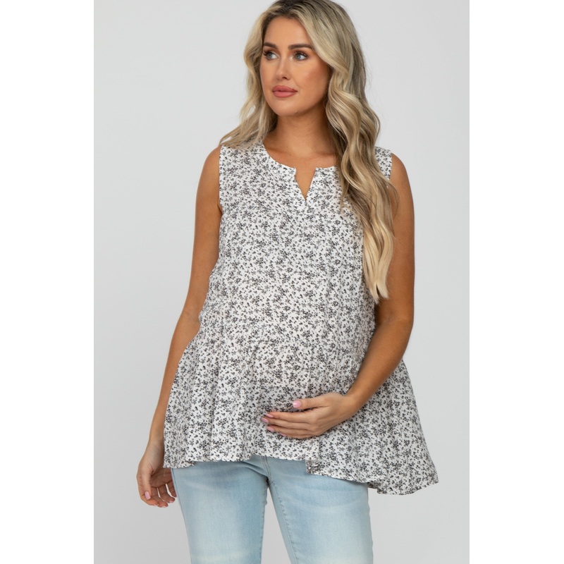 White Floral Split V-Neck Ruffle Hem Hi-Low Maternity Top