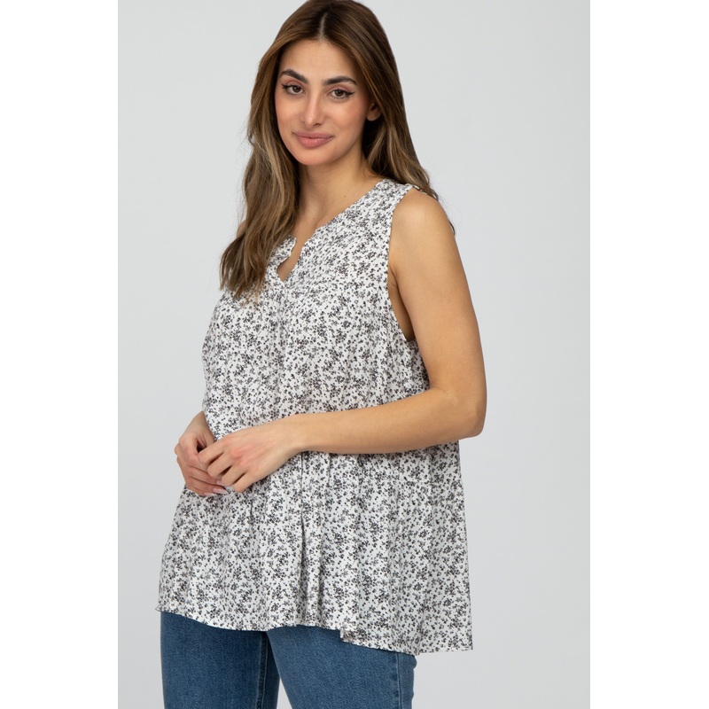 White Floral Split V-Neck Ruffle Hem Hi-Low Top