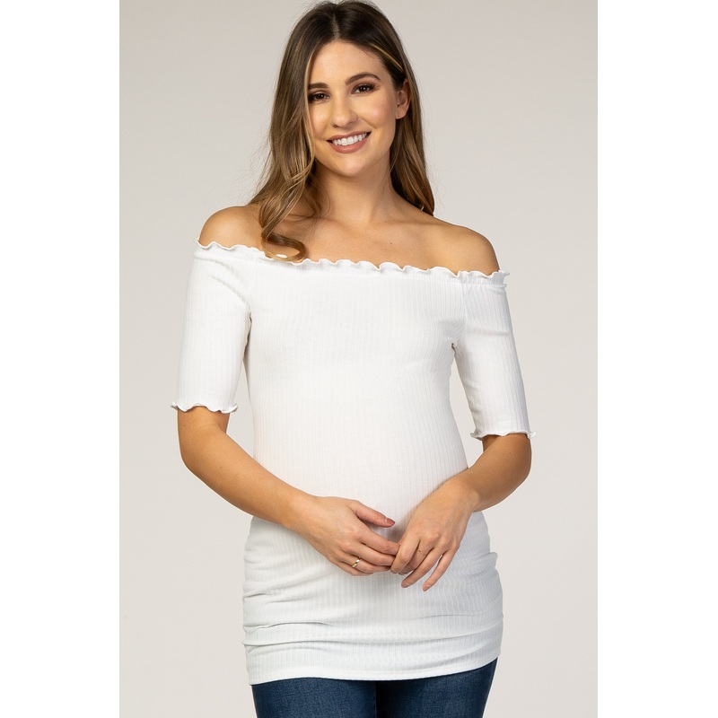 White Off Shoulder Lettuce Hem Maternity Top