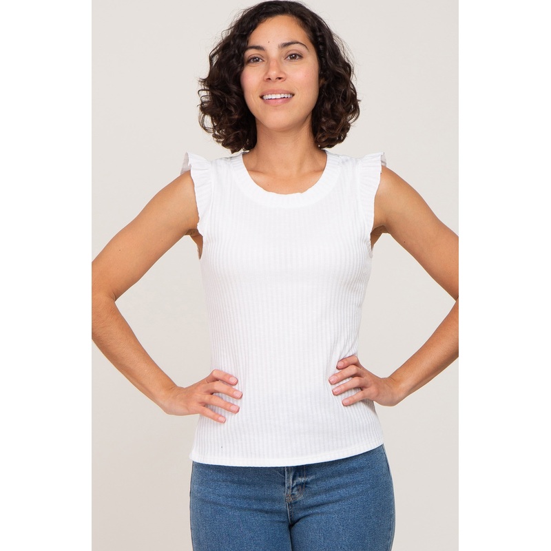 White Ribbed Ruffle Shoulder Tank Top