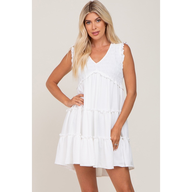 White Sleeveless Smocked Tiered Dress