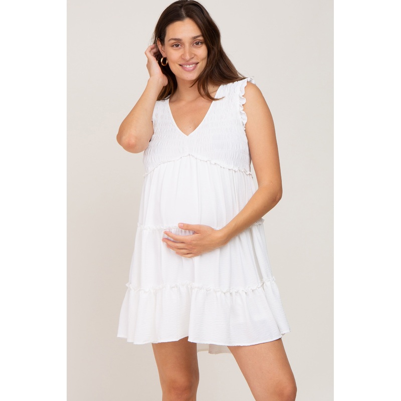 White Sleeveless Smocked Tiered Maternity Dress