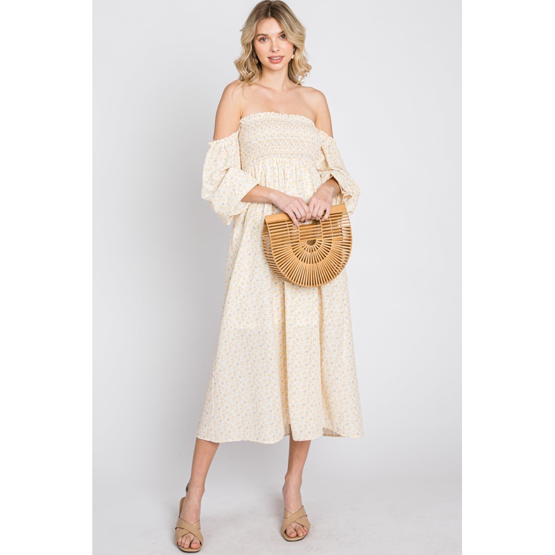 Yellow Ditsy Floral Smocked Off Shoulder Dress