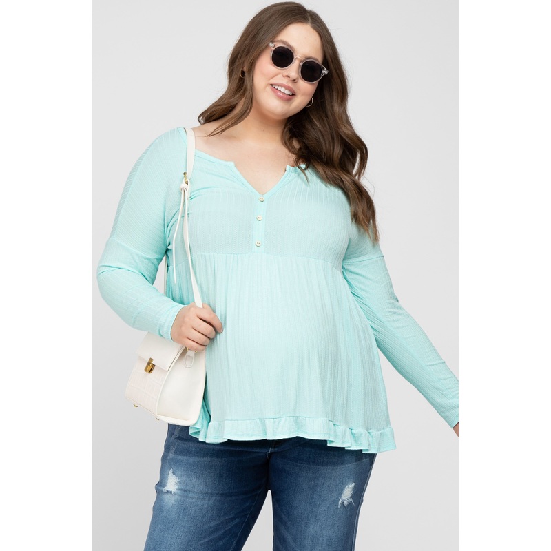 Aqua Button Accent Long Sleeve Maternity Plus Top