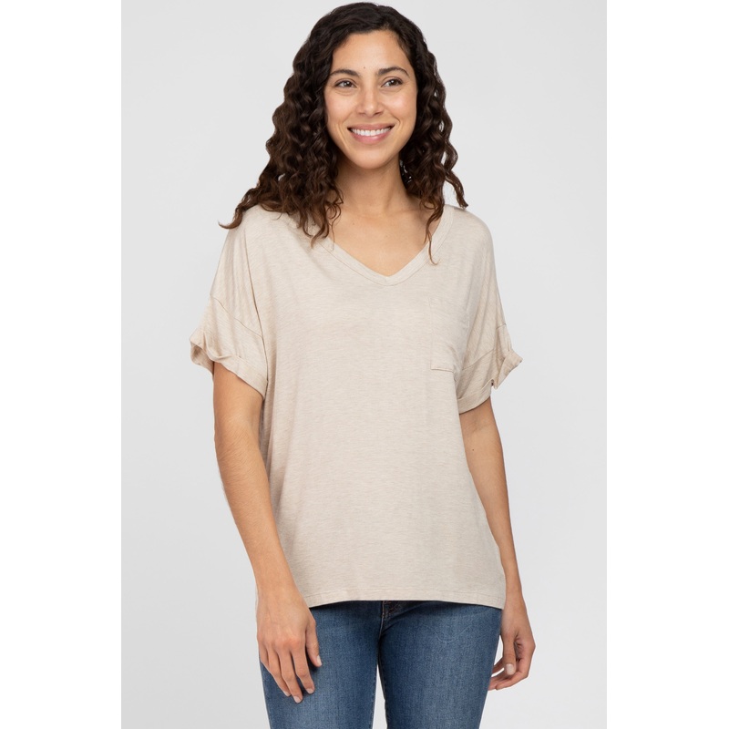 Beige Basic Pocket Front Short Sleeve Top