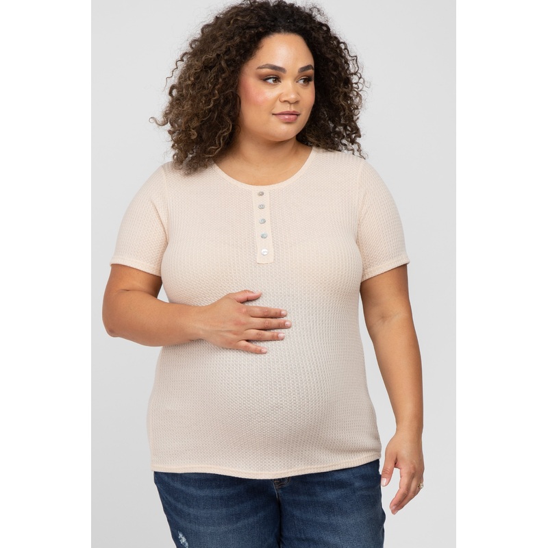 Beige Button Front Waffle Knit Short Sleeve Maternity Plus Top
