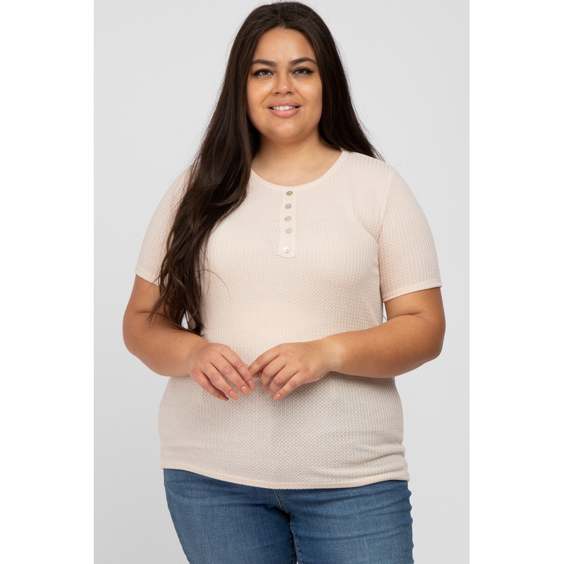 Beige Button Front Waffle Knit Short Sleeve Plus Top