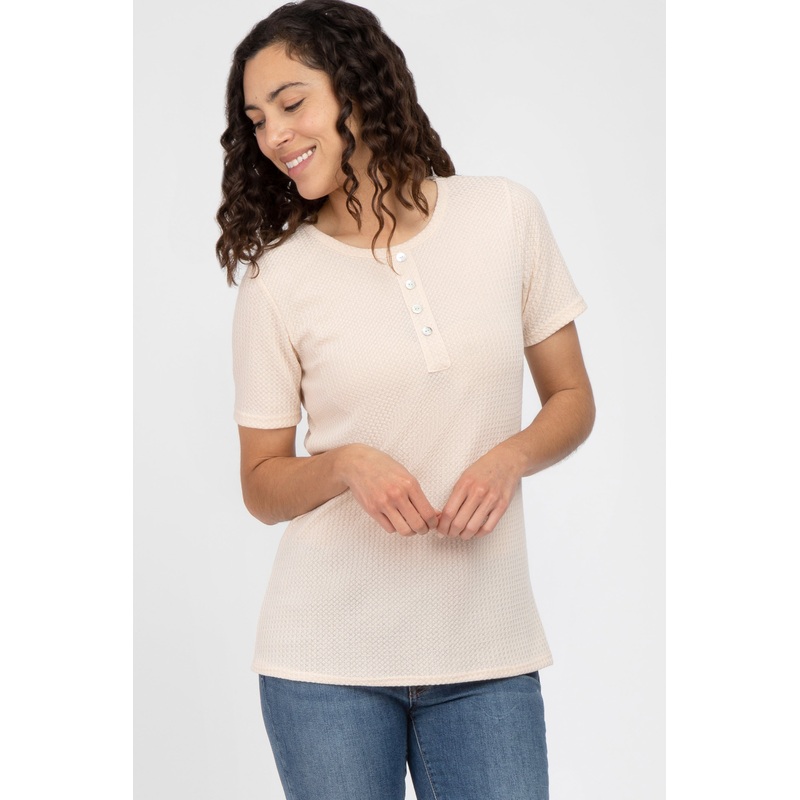 Beige Button Front Waffle Knit Short Sleeve Top