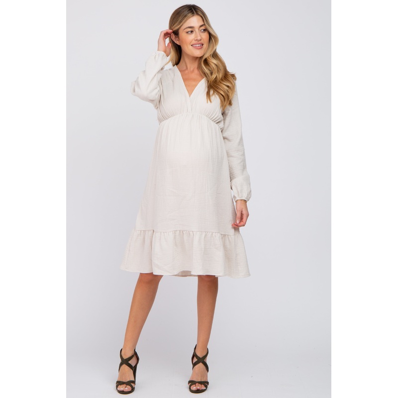 Beige Long Sleeve Ruffle Hem Maternity Midi Dress