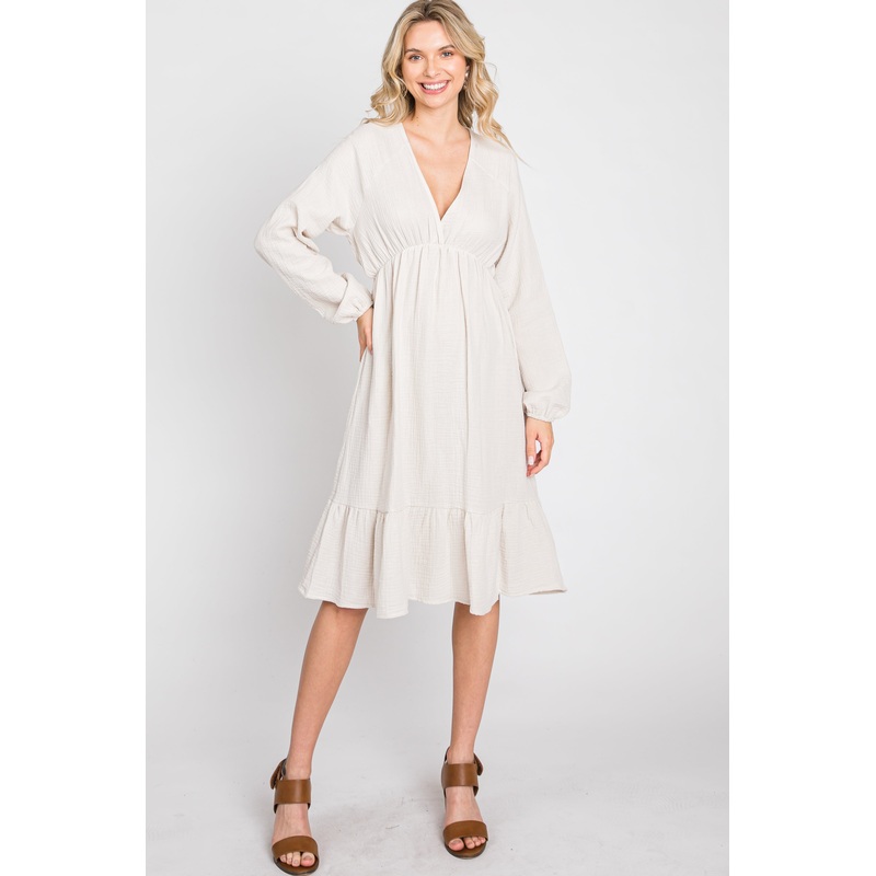 Beige Long Sleeve Ruffle Hem Midi Dress