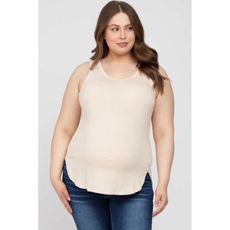 Beige Racerback Curved Hem Plus Maternity Tank Top