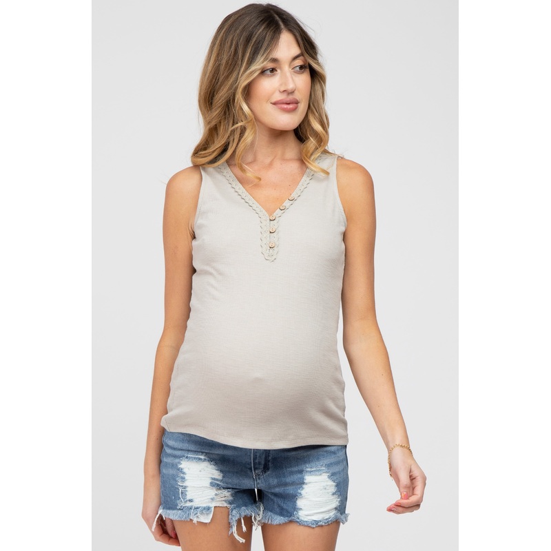 Beige Ribbed Crochet Button Accent Maternity Tank
