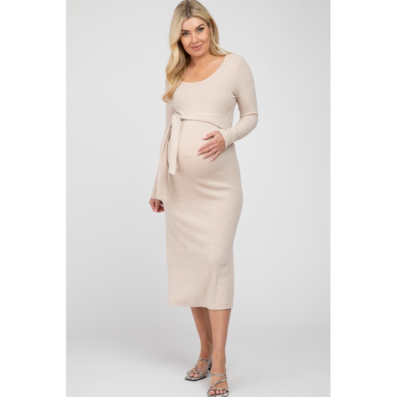 Beige Ribbed Knit Front Tie Maternity Midi Dress